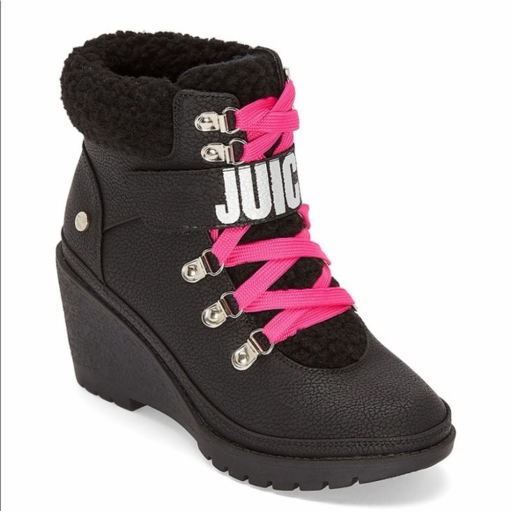 Juicy Couture Halstin Black Wedge Boots Sneakers Hot Pink Laces Fur Punk 80s 10